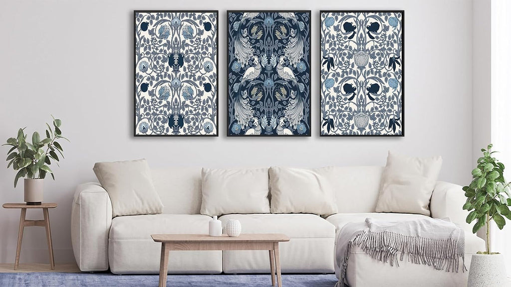 Large Framed Canvas Wall Art - Navy Blue Pictures William Morris Style for Living Room Boho Prints Bird Flower Wall Decor for Bedroom Dining Room Black Float Frame 32' X 48' X 3 Pieces