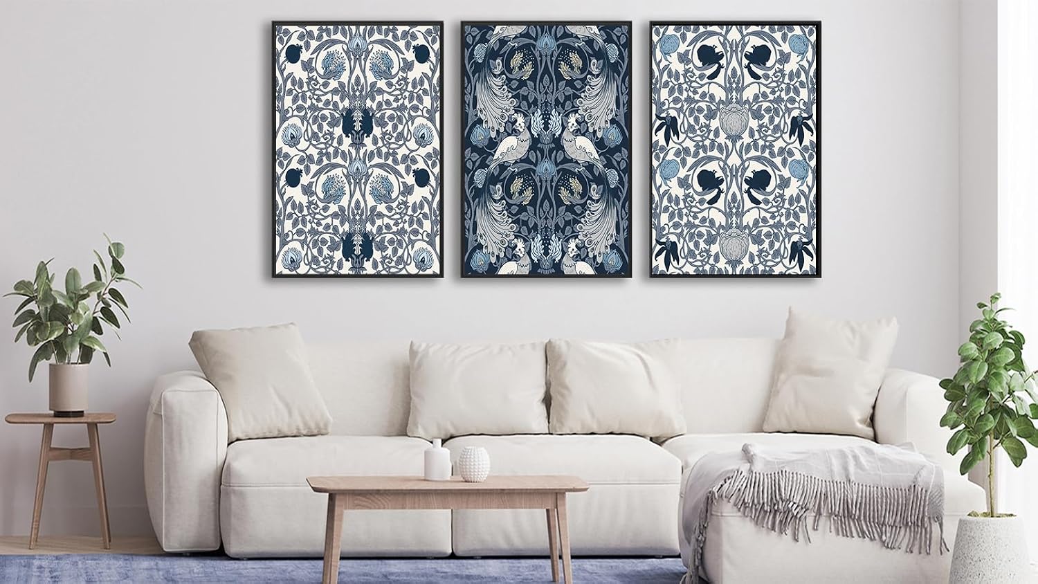 Large Framed Canvas Wall Art - Navy Blue Pictures William Morris Style for Living Room Boho Prints Bird Flower Wall Decor for Bedroom Dining Room Black Float Frame 32' X 48' X 3 Pieces