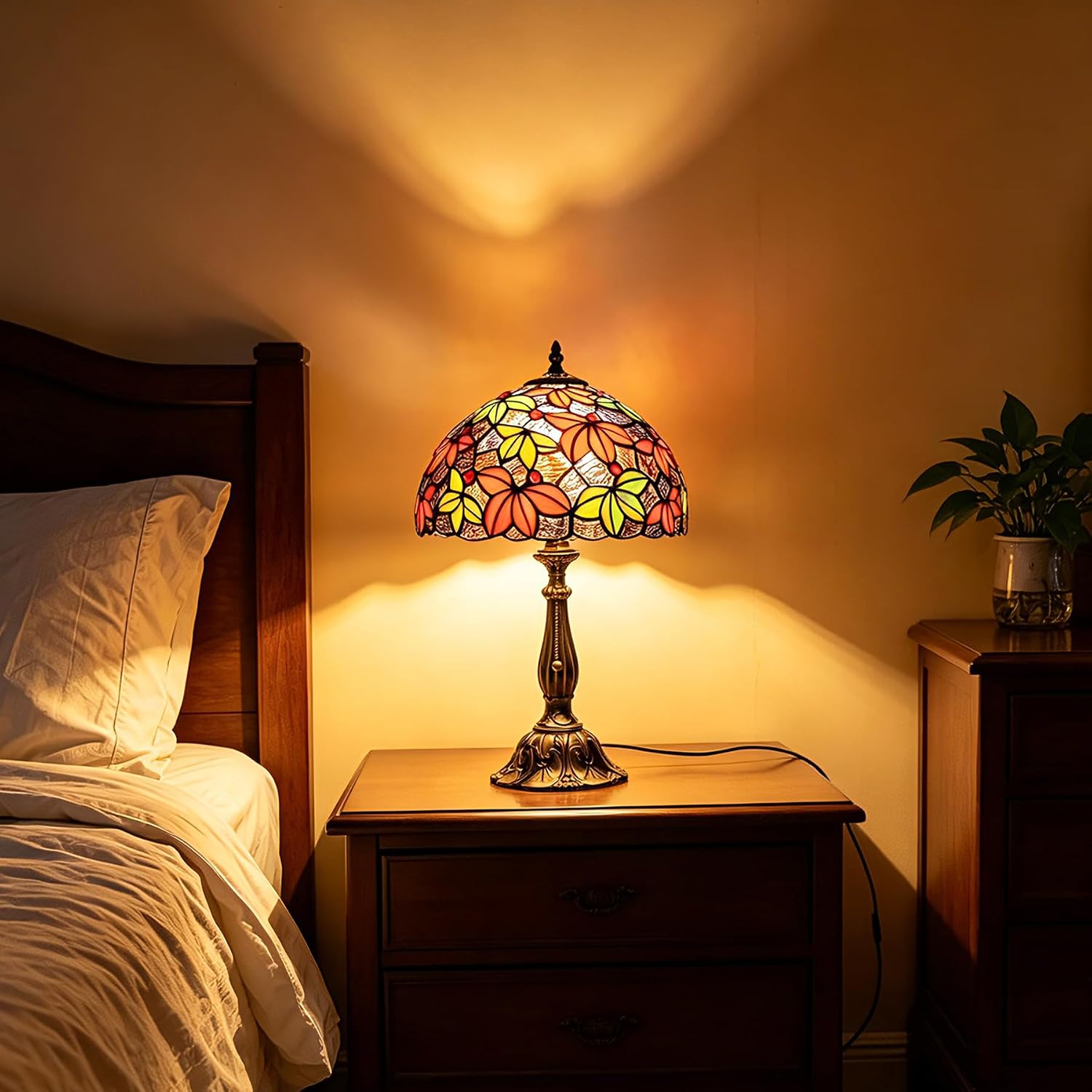 Tiffany Style Stained Glass Table Lamp, Maple Leaf Desk Light with Antique Bronze Resin Base, Multicolor Reading Lighting for Bedroom, Living Room, Office 12'X12'X19 (Maple-Purple Blue)