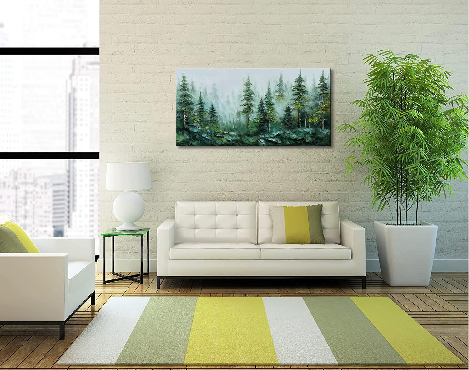 Alenoss Hand Painted Modern 3D Abstract Oil Painting 24x48 Inches Large Forest Landscape Textured Canvas Wall Art Green Artwork for Wall Decoration