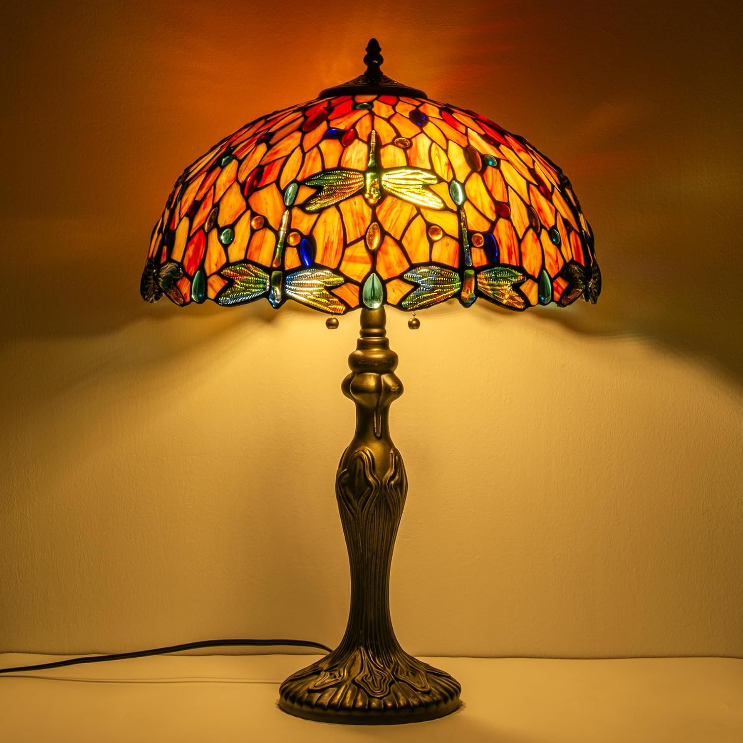Tiffany Lamp 16' Red Orange Dragonfly Stained Glass Table Lamp for Large Space Vintage Style Antique Bronze Base Desk Light Decorate Bedside Bedroom Living Room Entry Hallway Home Office