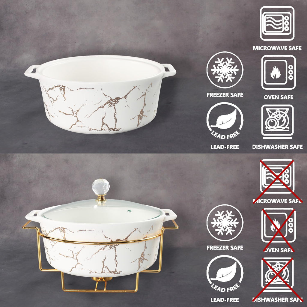 8' Round Ceramic Casserole Dish with Glass Lid and Gold rack Set of 4, 2 qt Serving Soup Tureen, Chafing Dish for Buffet, Family Food preserve Tray, Catering Casserole for Party Style