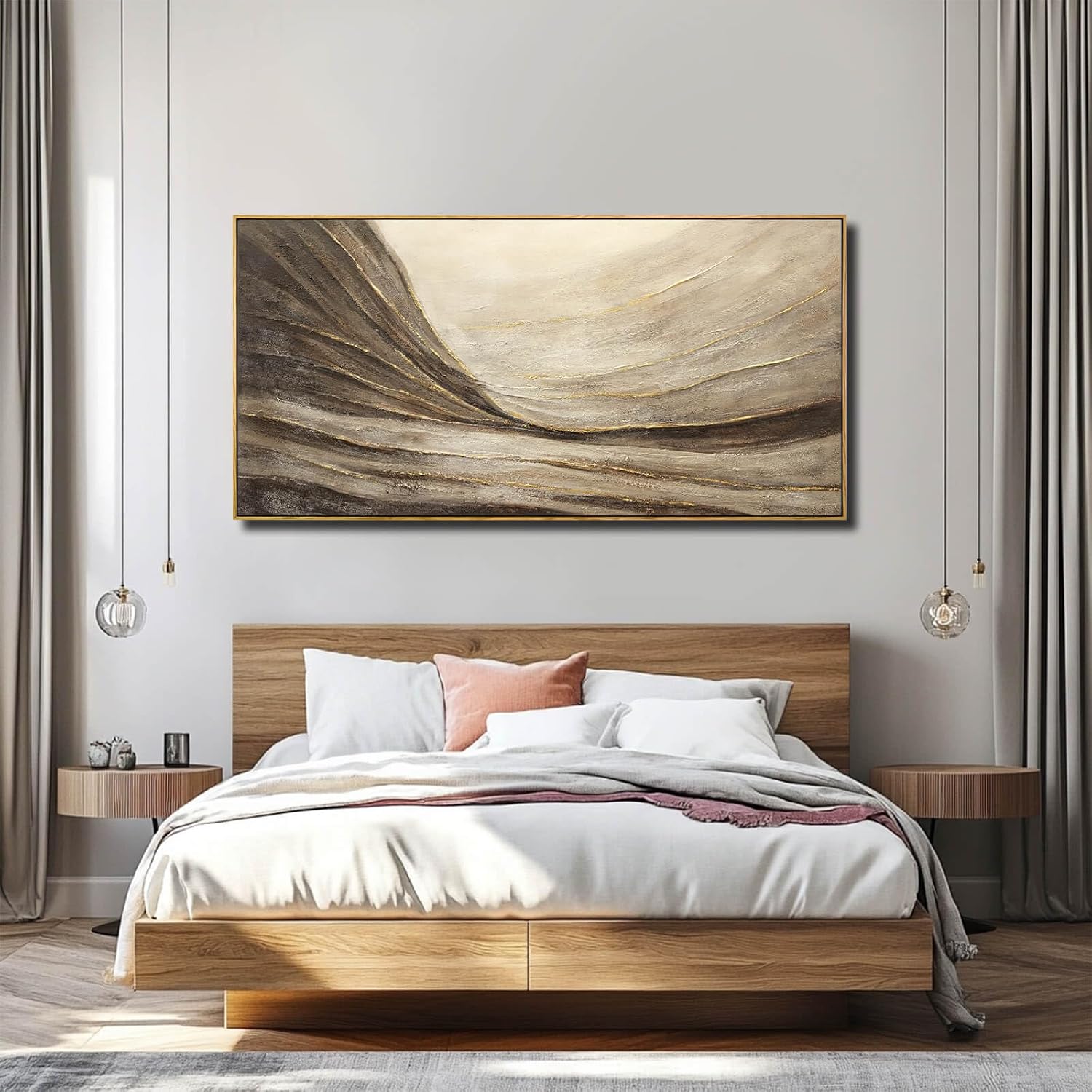 WINKAILIN Modern Abstract Wall Art with Frame Brown and Grey Painting Wave Poster Line Canvas for Living Room Bedroom Textured Home Decor 24x48 Inch