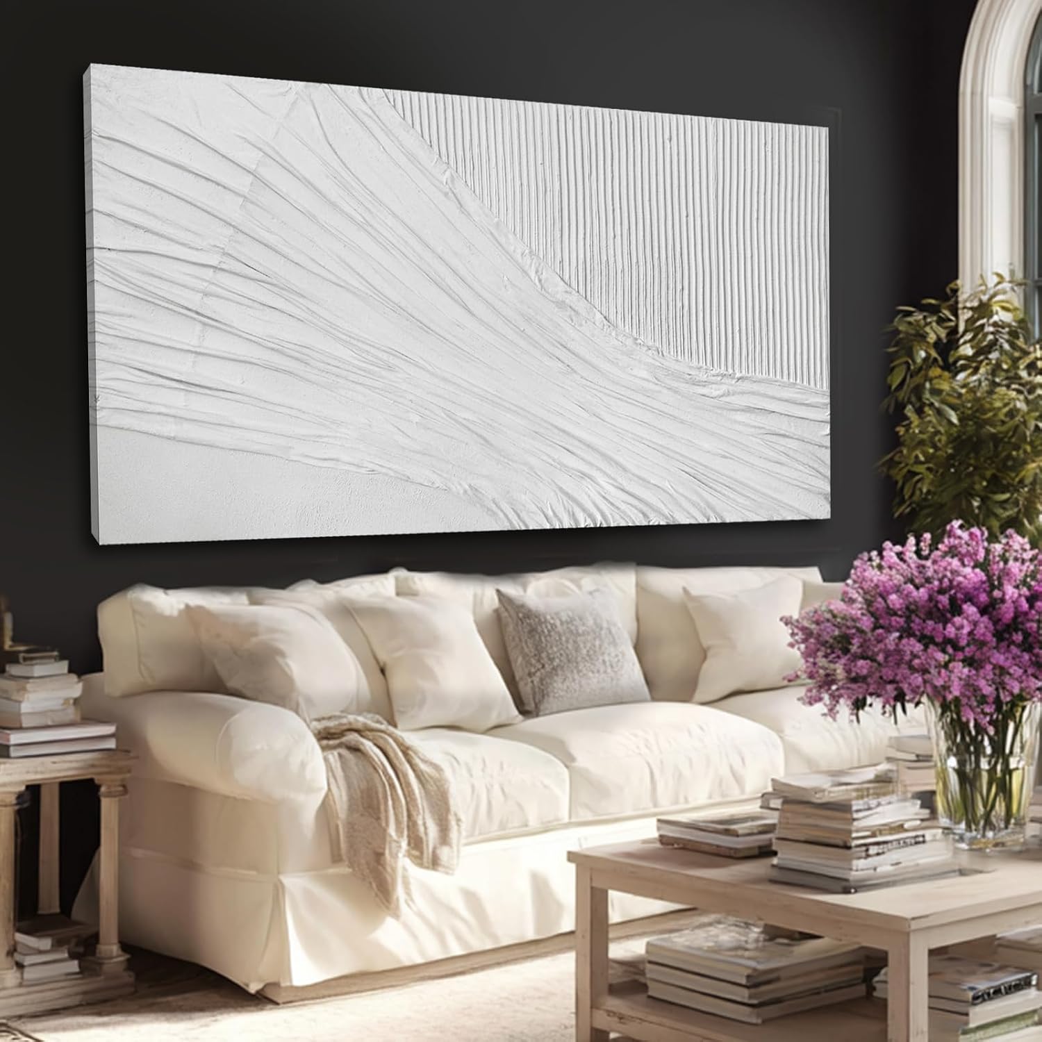 White Textured Abstract Canvas Wall Art, 29x58 Large Minimalist Wall Decor with 3D Pattern, Modern Neutral Framed Wall Art for Living Room Bedroom Entryway