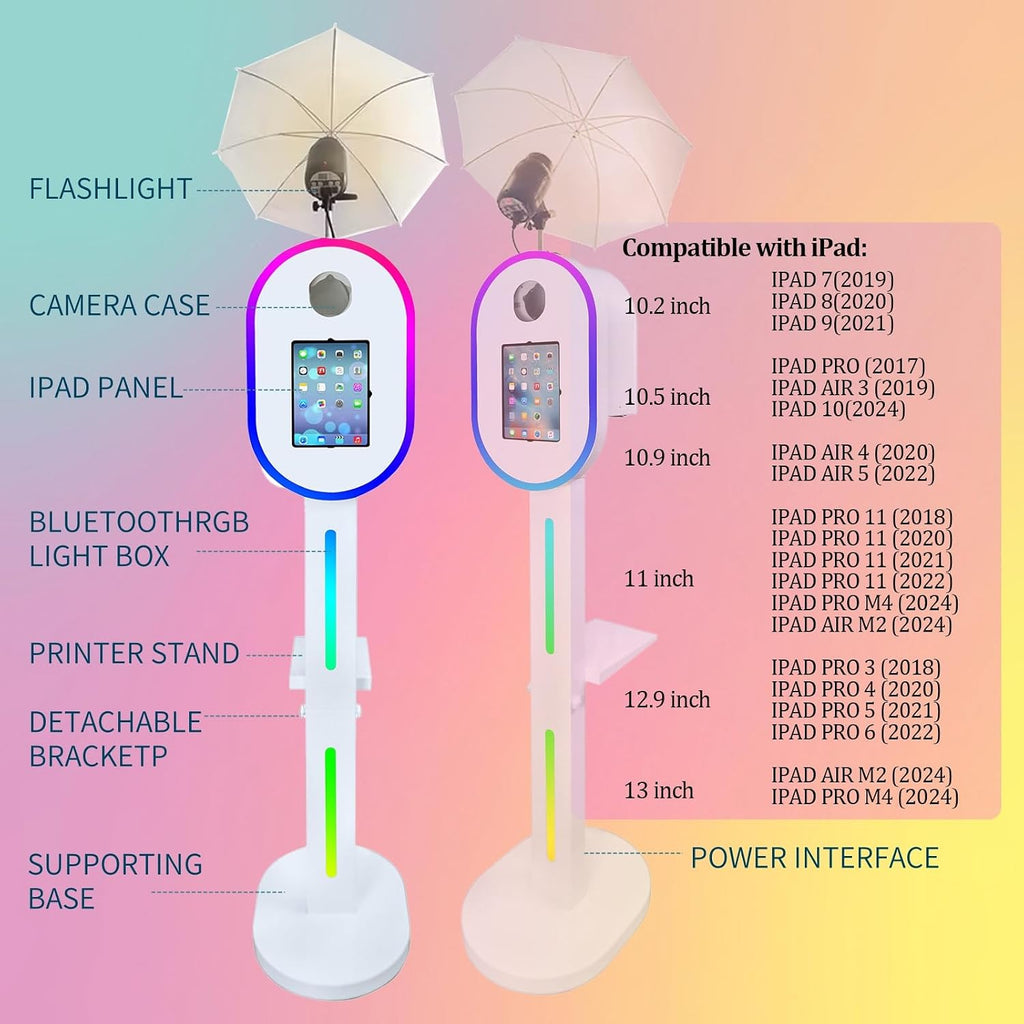 Portable Photo Booth with Flashlight Compatible with ipad,Remote or APP Control,Music Sync,Supports Connection of Camera and Printer (White, Machine+Camera)
