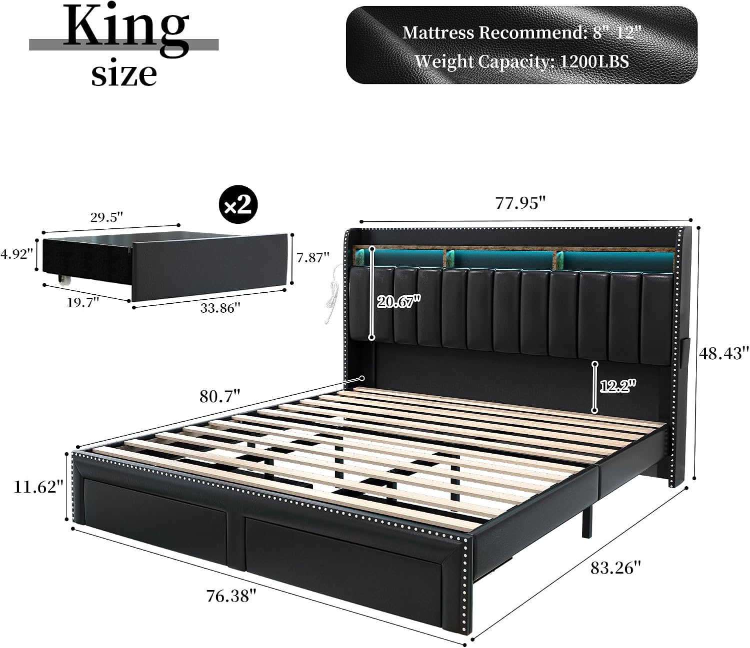 SIBEDS King LED Bed Frame with Headboard, PU Leather Upholstered Platform Bed with 2 Tier Storage and 2 Zippered Fabric Drawers, Channel Tufted Bedframe with Rivet Decor, No Box Spring Needed, Black