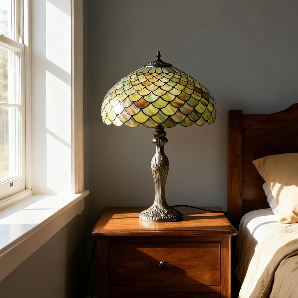 Tiffany Lamp 16' Gradient Green Fish Scales Stained Glass Table Lamp for Large Space Vintage Style Antique Bronze Base Desk Light Decorate Bedside Bedroom Living Room Entry Hallway Home Office