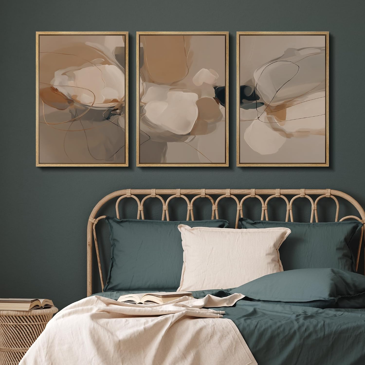 SIGNFORD Framed Canvas Print Wall Art Set Abstract Organic Flow Earthy Tones with Gentle Curves Illustrations Modern Art Relax/Calm for Living Room, Bedroom, Office - 24'x36'x3 Natural