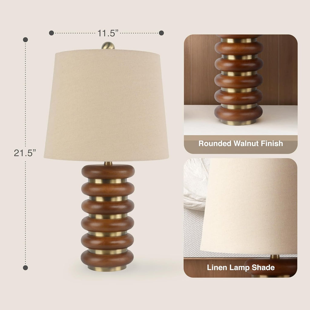 Abani Table Lamp Thalia Stacked Ring 21.5' – Mid-Century Modern Brown Wood Base with Wheat Linen Shade – E26 Bulb Included – Stylish Desk Lamp for Bedroom, Living Room, Dorm or Nightstand