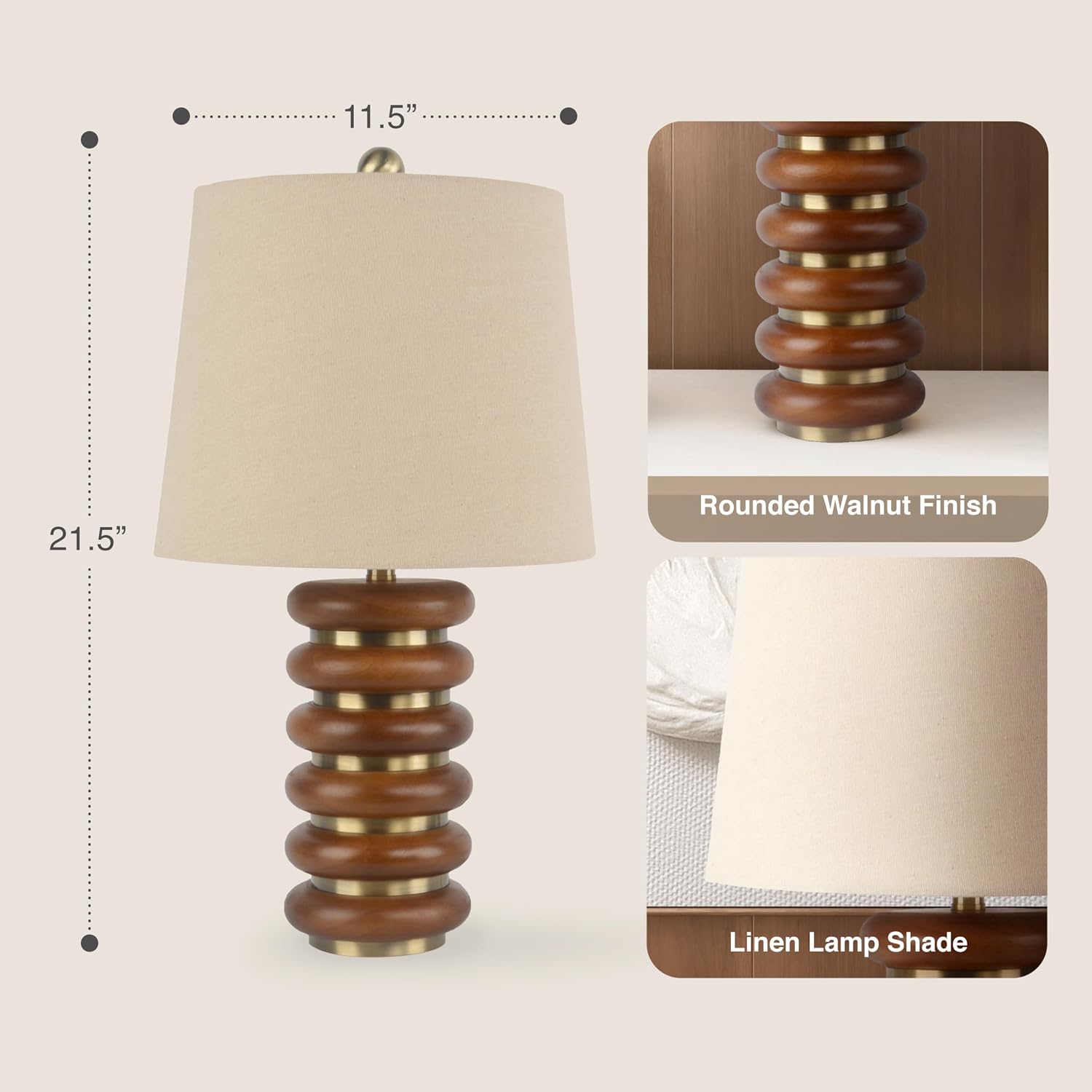 Abani Table Lamp Thalia Stacked Ring 21.5' – Mid-Century Modern Brown Wood Base with Wheat Linen Shade – E26 Bulb Included – Stylish Desk Lamp for Bedroom, Living Room, Dorm or Nightstand