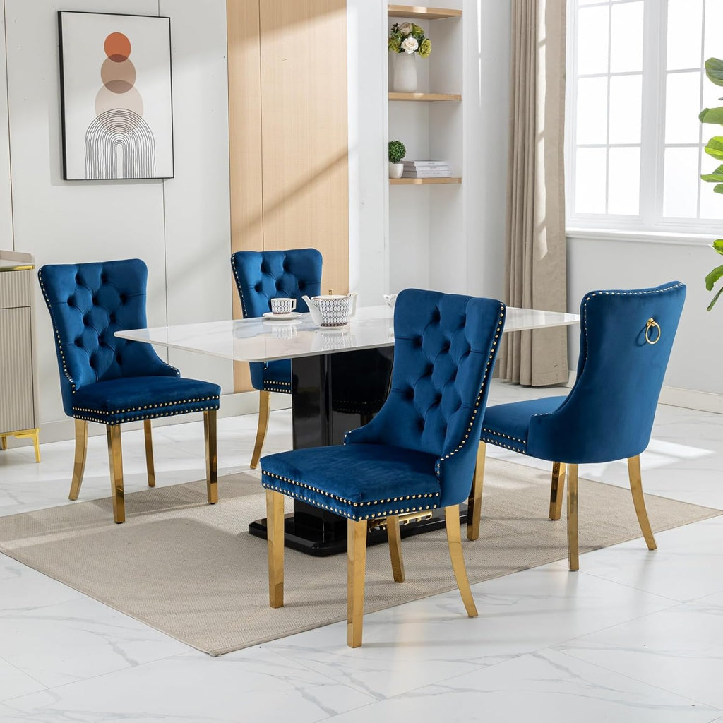 2 Piece Contemporary Velvet Upholstered Dining Chair with Chrome Stainless Steel Plating Legs, Nail Head Decro, Armless Tufted Dining Chair Fabric Dining Room Chair (Blue&Gold, Set of 2)