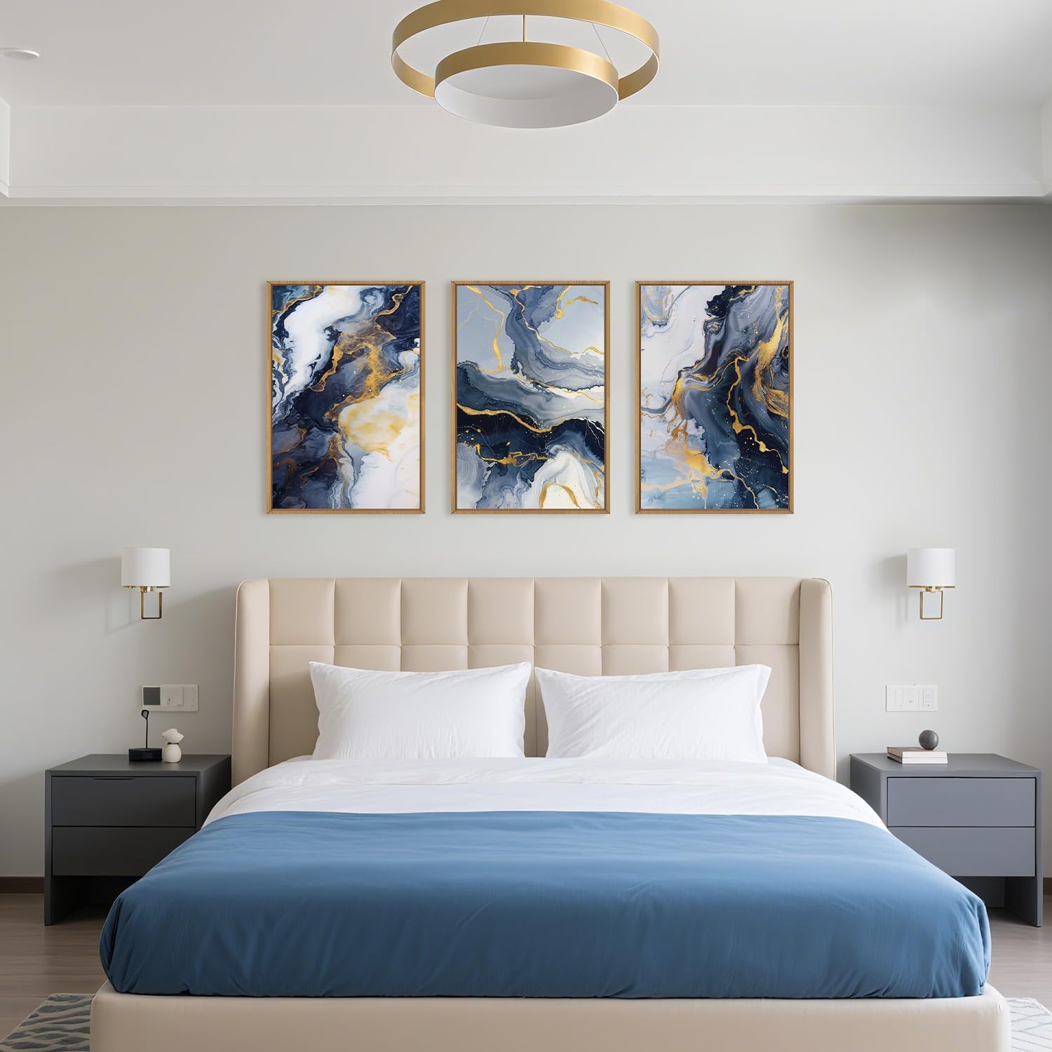 Navy Blue and Gold Framed Canvas Wall Art Set,Mid-Century Modern Abstract Wall Decor,Navy Blue Ink Wash Painting,Neutral Art Print for Living Room,Bedroom,Dining Room,Office - 24'x36'x3