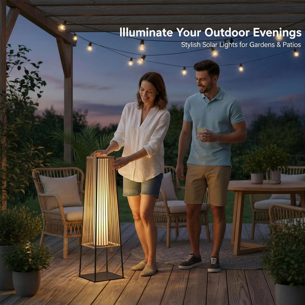Outdoor Floor Lamp Set of 2, Rattan Solar Lanterns Outdoor Waterproof for Balcony, Deck, Garden & Patio (Natural)