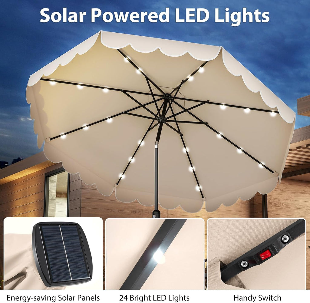 Tangkula 10FT Solar LED Patio Umbrella, 2-Tiers Scalloped Outdoor Table Market Umbrella with 24 LED Lights, Vented Top, Tilt Adjustment, Crank, 8 Ribs for Backyard Poolside Deck Beach Lawn (Beige)