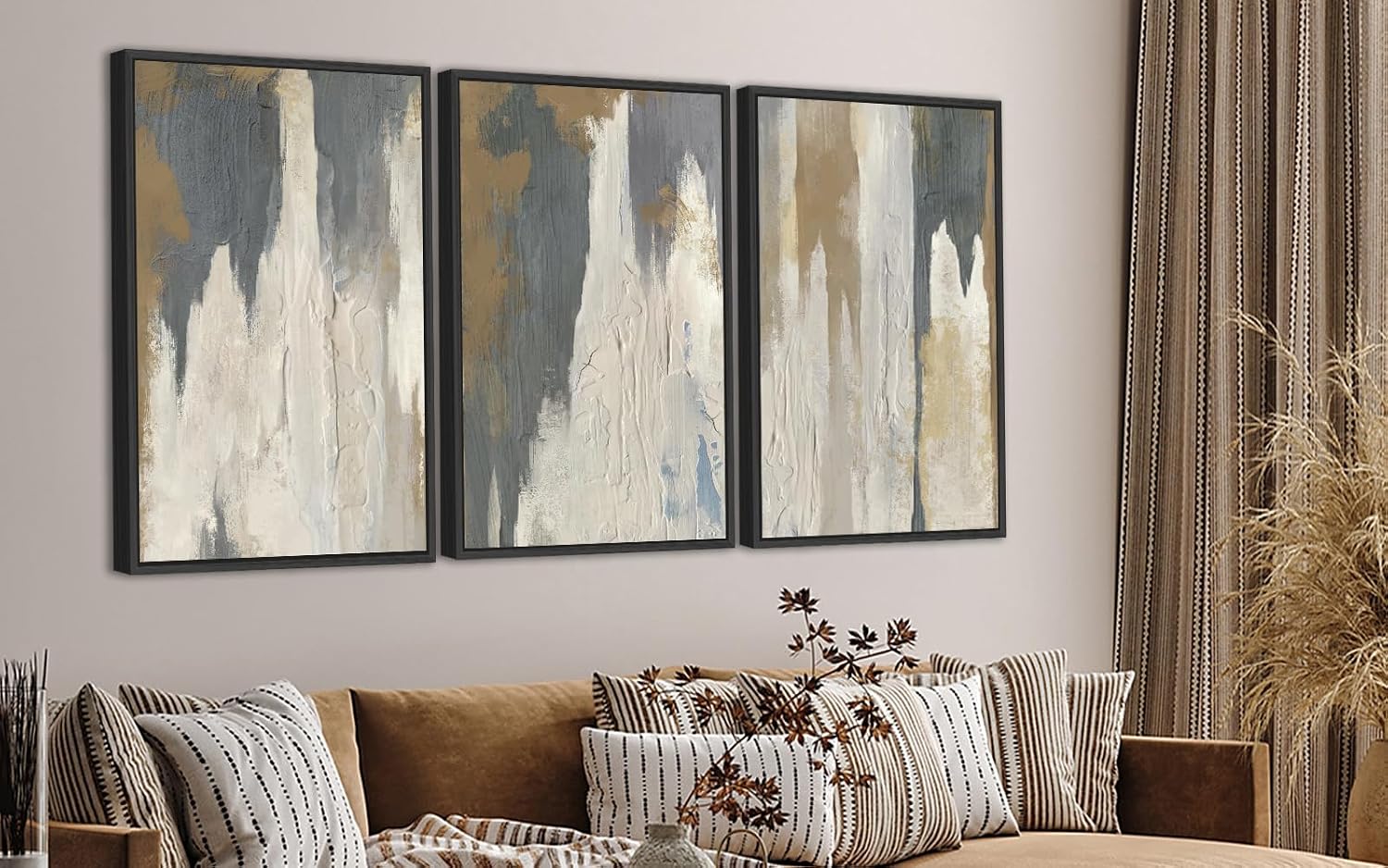 ASDCEUTICALS Large Canvas Wall Art - Gray Brown and Beige Abstract Pictures for Living Room Vintage Wall Decor Retro Artwork Black Float Framed Paintings for Bedroom Dinning Room 24' X 36' X 3 pcs