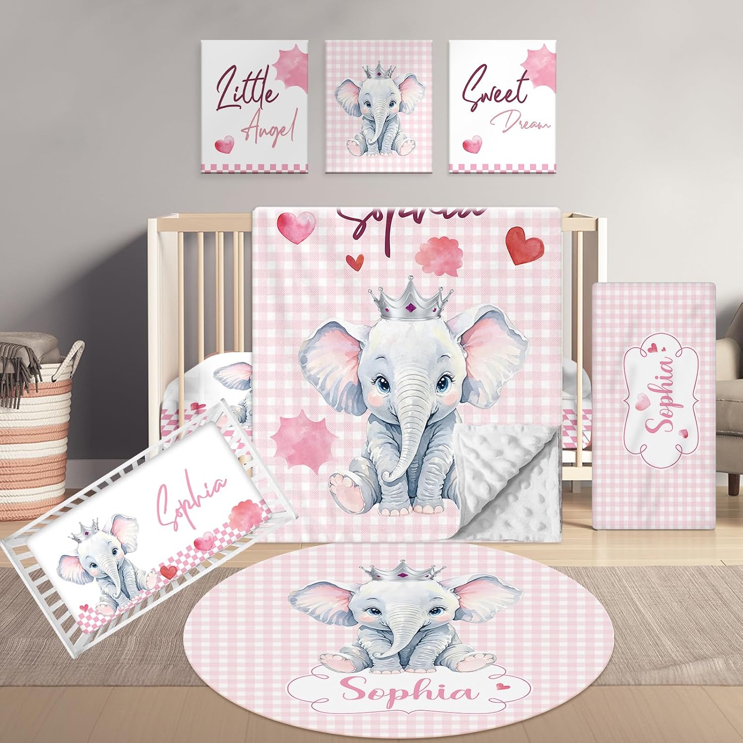 Terwex Personalized 5-Piece Baby Crib Bedding Set - Custom Name Nursery Set for Girls Boys, Soft Toddler Crib Set for Infant, Customized Gift, Pink Cute Elephant