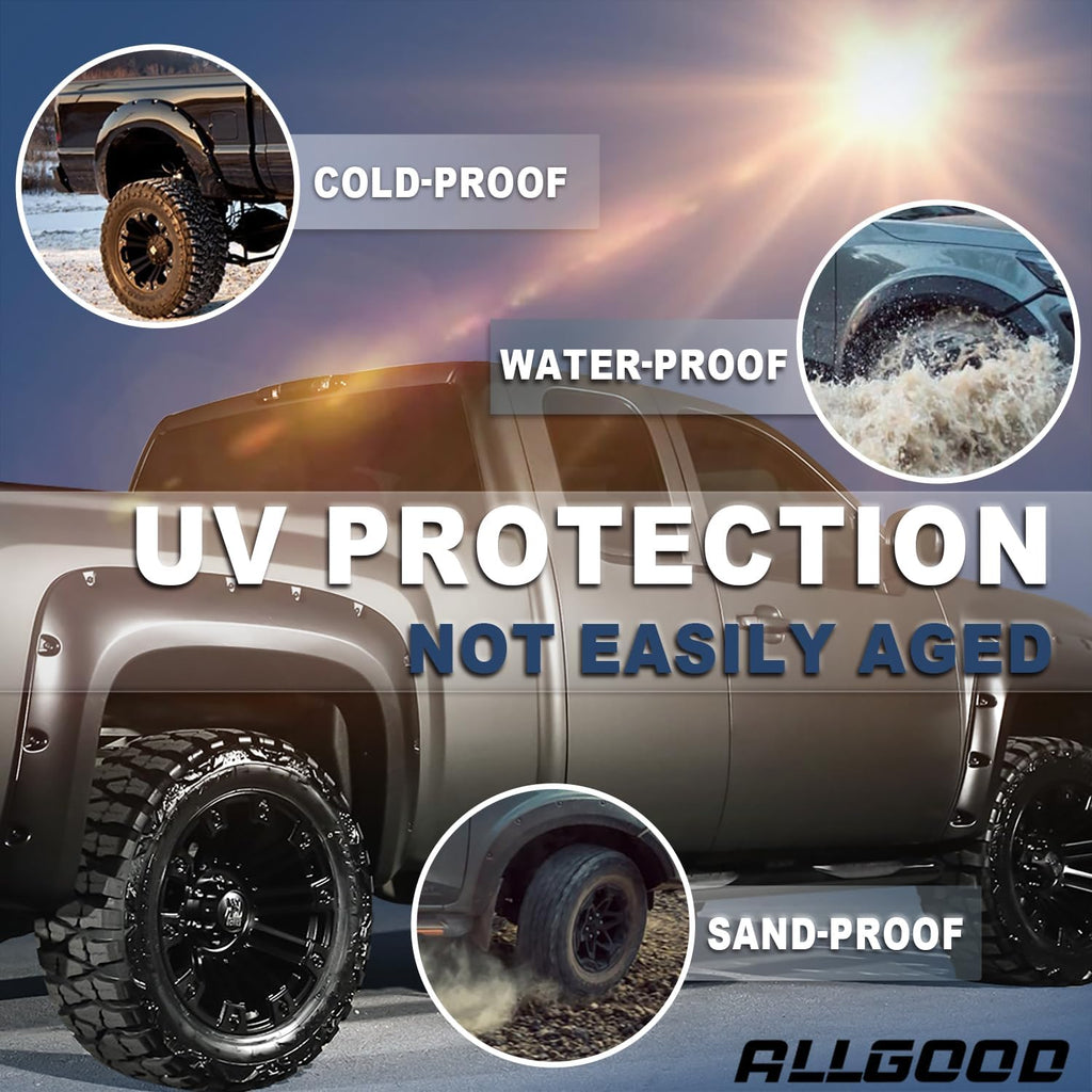 ALLGOOD Fender Flares Compatible with Nissan Titan 2004-2015 w/o Bedside Lockbox Front & Rear Smooth Black Wheel Cover Protector Pocket Rivet Bolt Style 4pcs F81Z16006AA 5C3Z16006AA