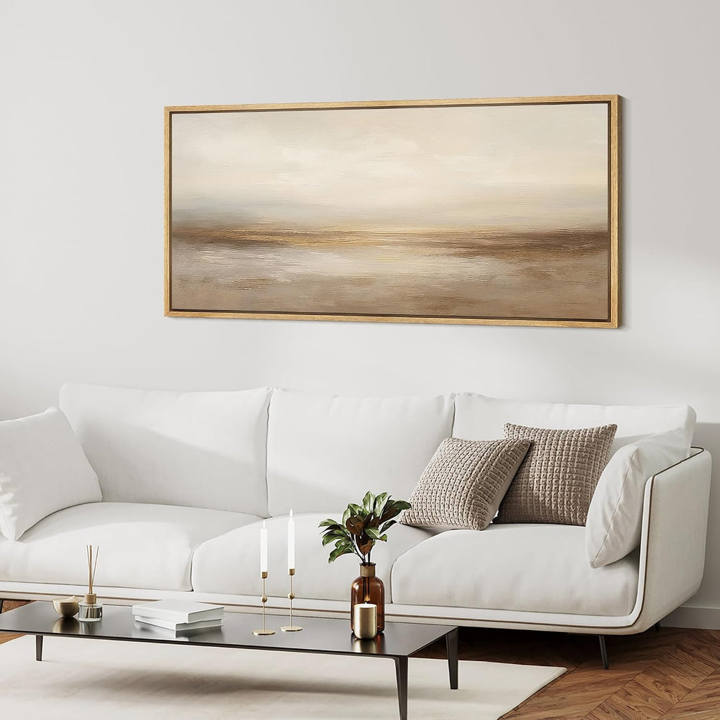 MUDECOR Extra Larg Framed Canvas Print Wall Art Neutral Beige Horizon Abstract Modern Minimalist Landscape Illustrations Decorative Colorful for Bedroom - 60'x30'