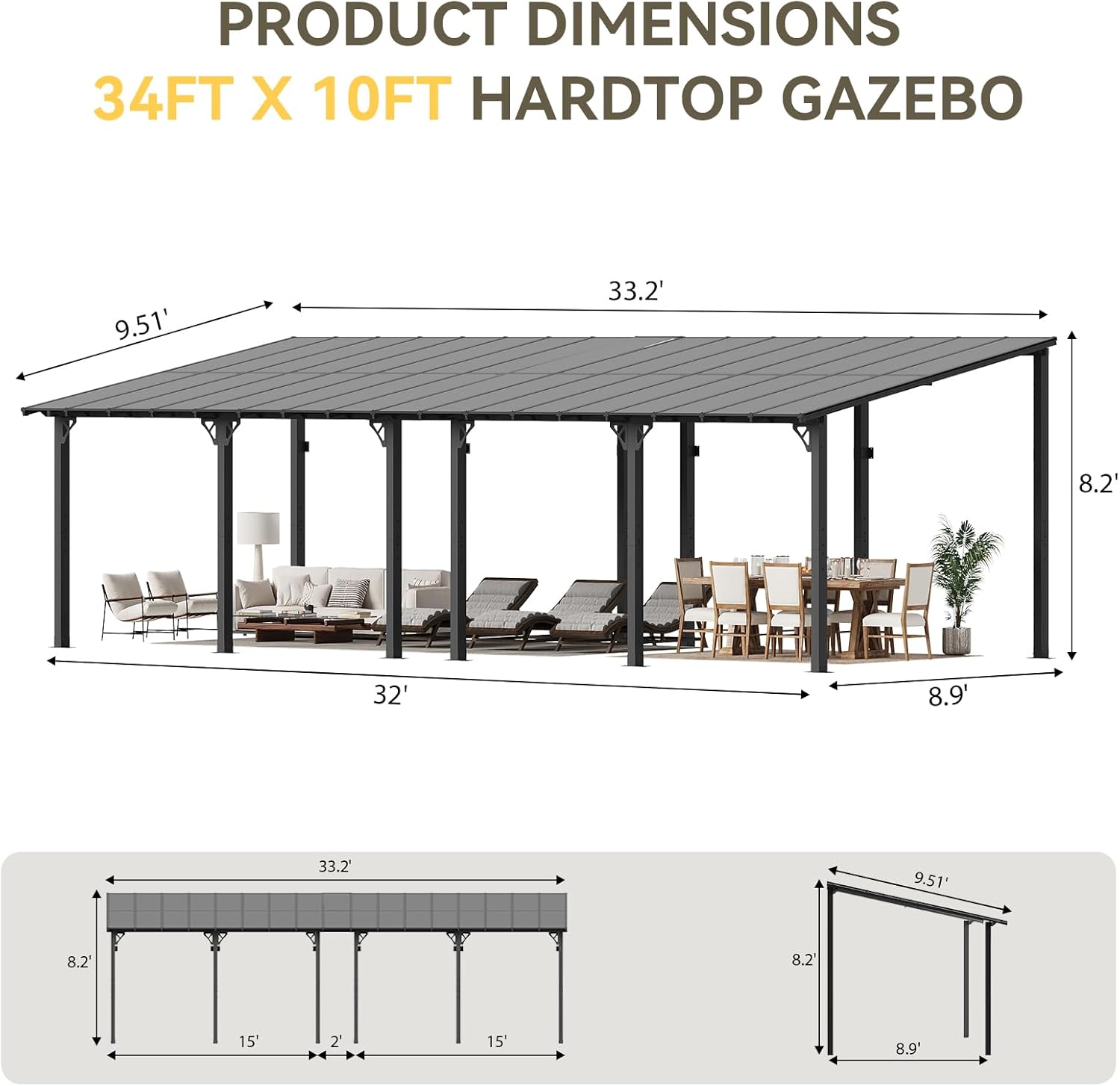 Aoxun 34' x 10' Pergola for Patio, Gazebo with Sloped Roof, Grill Pergola Large Wall-Mounted Heavy Duty Awnings, for Backyard, Deck, Patio