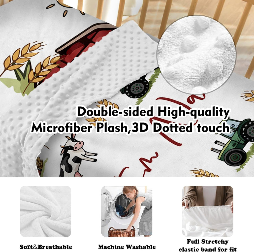 Personalized Crib Bedding Set for Baby Boys Girls, Farm Theme Custom Name Baby Crib Sets 5-Pcs, Double Layer Baby Blanket Fitted Sheet Changing Pad Cover Rug Wall Art Set