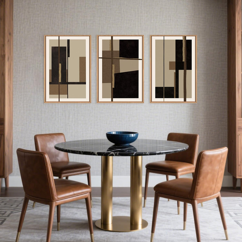 Abstract Shapes Framed Canvas Wall Art Set, Mid-Century Black Polygon Wall Decor, Black Brown Irregular Painting, Neutral Modern Art Print for Living Room, Dining Room, Office - 24'x36'x3