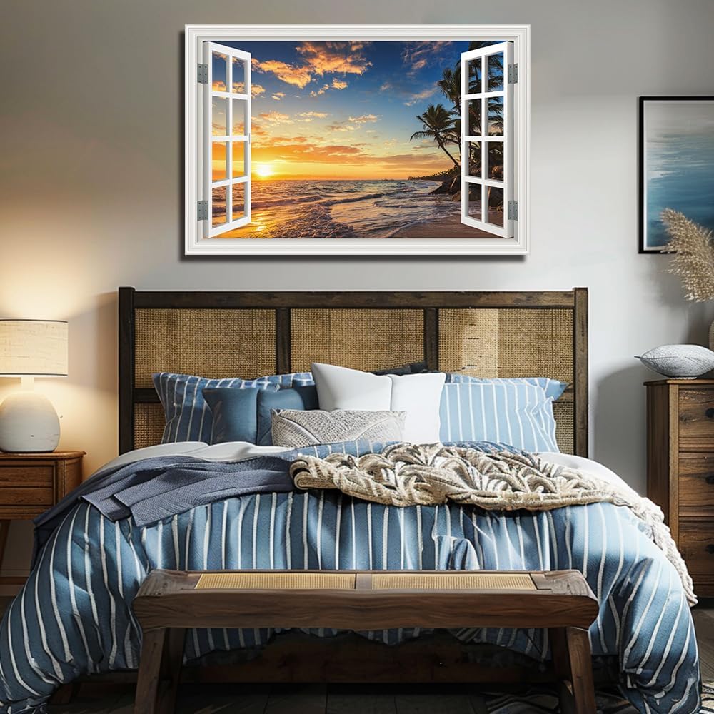 Ocean Canvas Wall Art Decor for Living Room Large Beach Pictures for Bedroom Window Frame Style Sunset Art Prints Seascape Artwork for Home Office Decorations (32 x 48 inch)