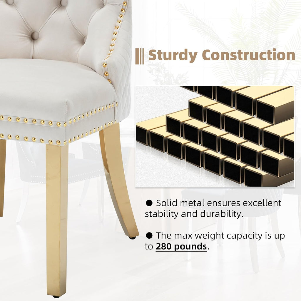 Velvet Dining Chairs Set of 6, Upholstered Dining Room Chairs, Mid-Century Modern Chairs with Diamond Lattice Tufted Back, Lion Pull Ring Rivet Trim, Golden Metal Legs for Kitchen, Beige