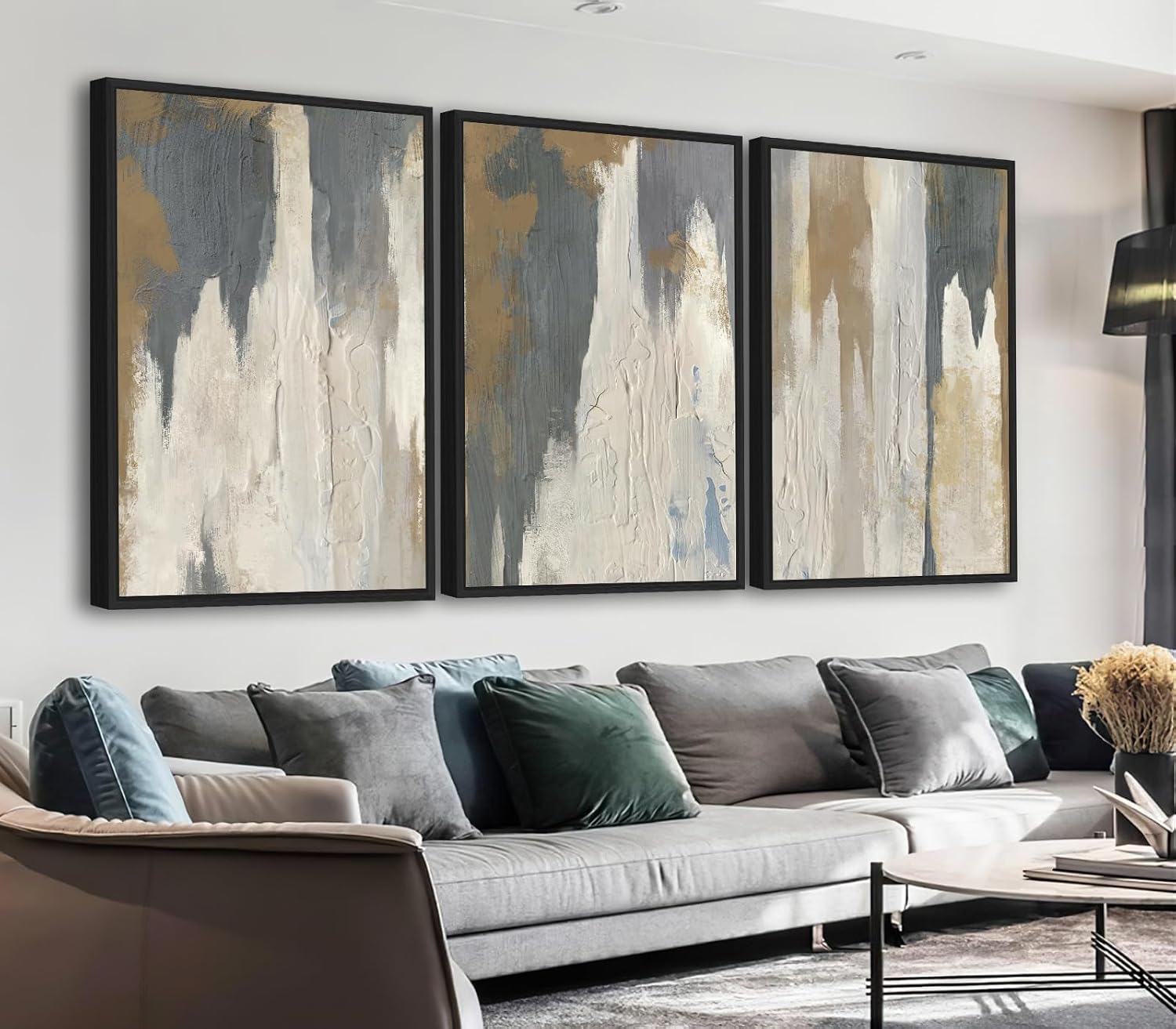 ASDCEUTICALS Large Canvas Wall Art - Gray Brown and Beige Abstract Pictures for Living Room Vintage Wall Decor Retro Artwork Black Float Framed Paintings for Bedroom Dinning Room 24' X 36' X 3 pcs