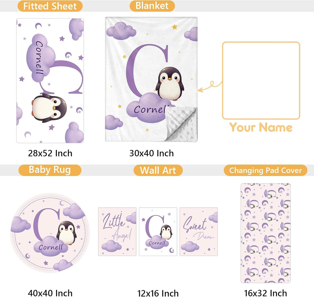 Terwex Custom Baby Bedding Set, 5 Pcs Personalized Baby Crib Sets with Name, Toddler Bedding Set for Baby Girl Boy, Purple Penguin Double Layer Nursery Bedding Set, Customized Gift for Infant Newborn
