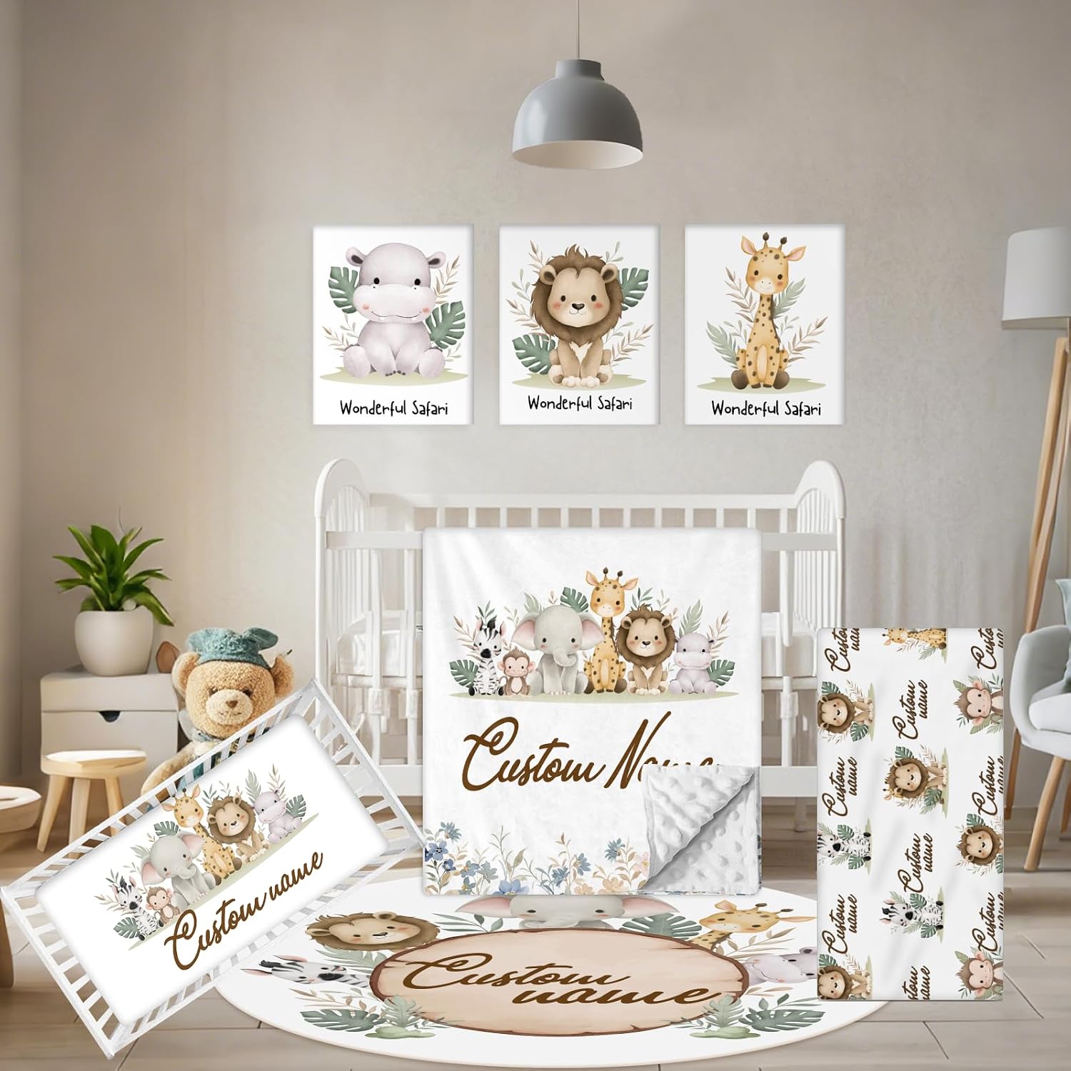 Personalized Baby Bedding Set, 5 Pcs Custom Baby Crib Sets with Name, Animal Safari Toddler Bedding Set for Baby Girls Boys, Double Layer Nursery Bedding Set, Customized Gifts for Infants Kids