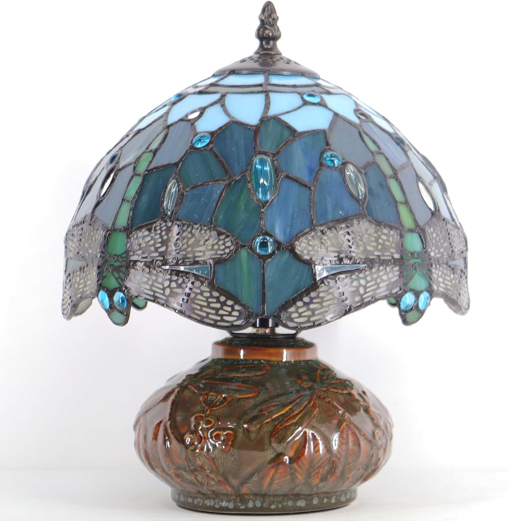 Small Tiffany Table Lamp Mini Mushroom Stained Glass Lamp Memory Sympathy lamp 10X11 Inch (Sea Blue Dragonfly)