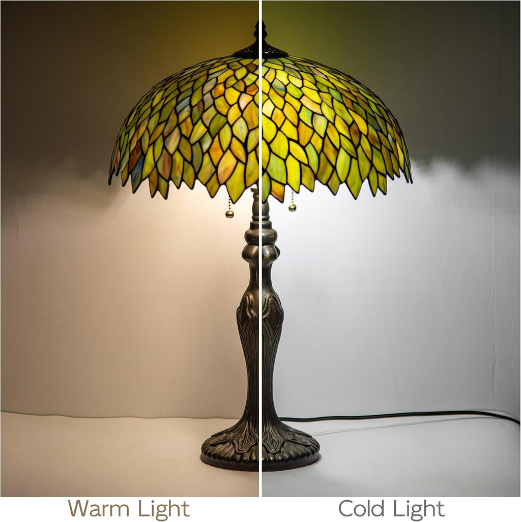 Tiffany Lamp 16' Stained Glass Table Lamp for Large Space Vintage Style Antique Bronze Base Desk Light Decorate Bedside Bedroom Living Room Entry Hallway Home Office (Green Wisteria)
