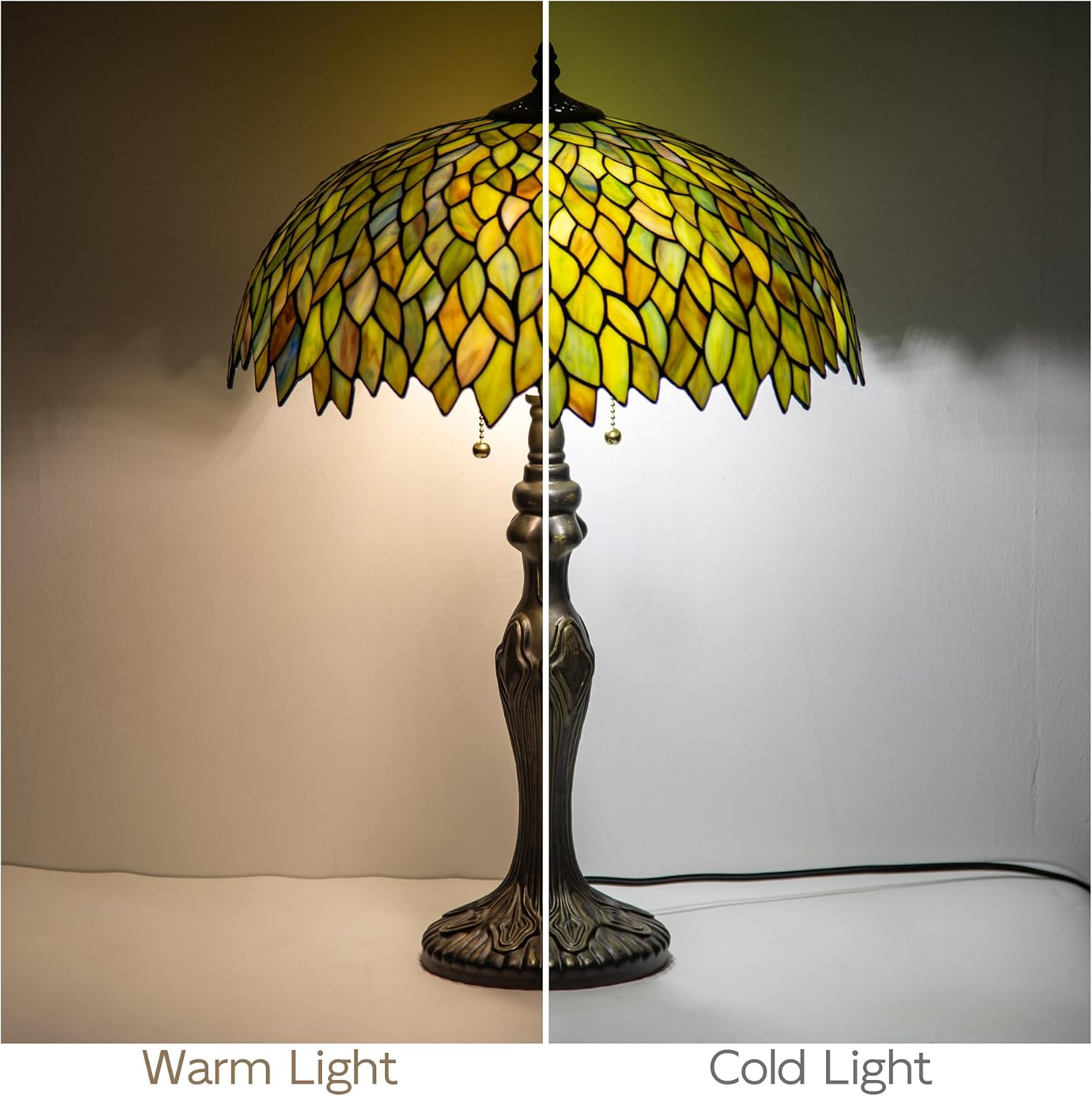 Tiffany Lamp 16' Stained Glass Table Lamp for Large Space Vintage Style Antique Bronze Base Desk Light Decorate Bedside Bedroom Living Room Entry Hallway Home Office (Green Wisteria)