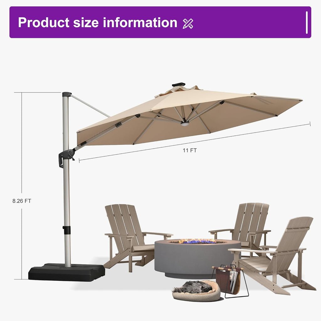 PURPLE LEAF Cantilever Umbrella with base 11ft Outdoor Round Patio Solar Powered LED Umbrella with 360-degree Rotation for Garden Deck Pool Patio, Beige