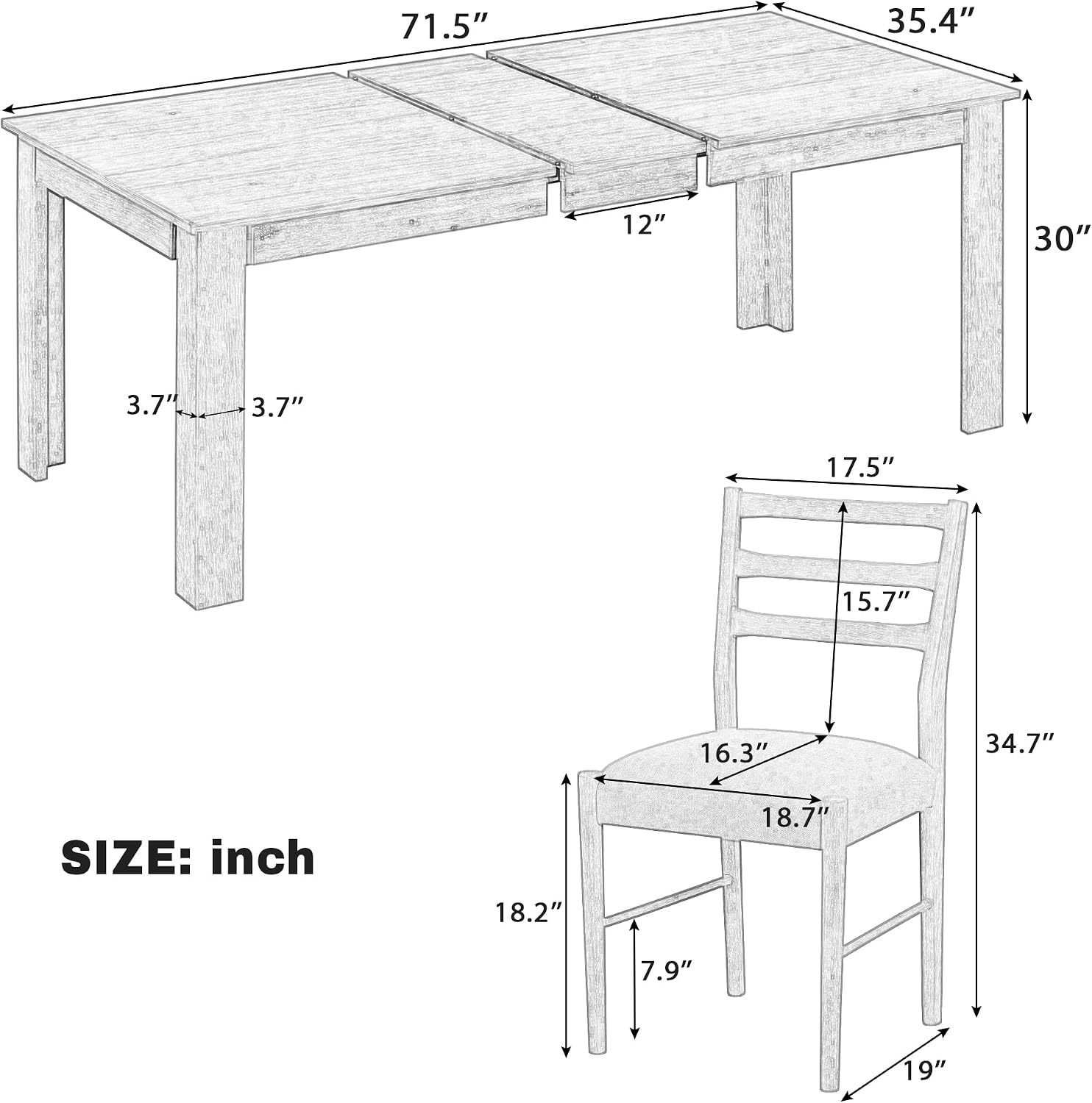 Farmhouse 7-Piece Kitchen Dining Table Set, Solid Wood Rectangle Extendable Table with 12' Leaf and 2 Drawers, 6 Dining Chairs with Soft Cushion, Dining Table Set for 6 Persons (Natural Wash+)