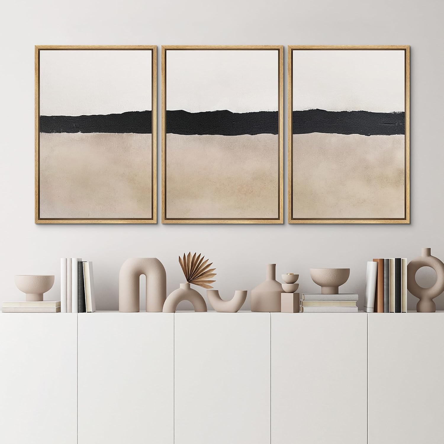 MUDECOR Framed Wall Art Print Set Minimalist Abstract Black Horizontal Brushstroke Illustrations Modern Art Boho Decorative Colorful Chic for Living Room, Bedroom, Office - 24'x36'x3 Natural