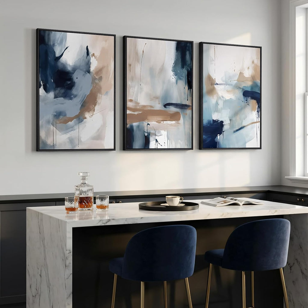 Large Framed Blue and Neutral Abstract Wall Art for Living Room, 3 Piece Modern Canvas Prints Paintings Artwork for Walls, Minimalist Pictures for Bedroom Dining Room Hallway Wall Decor 24x36 Inch