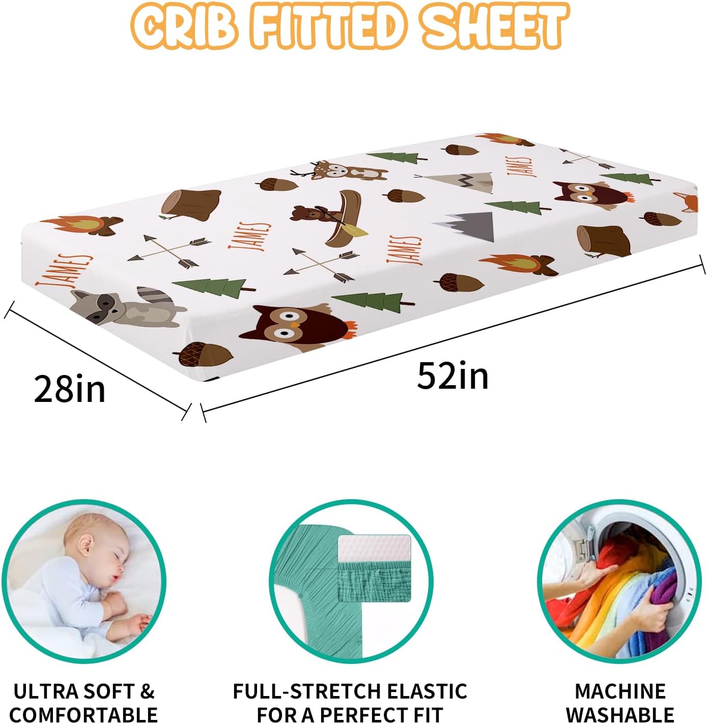 Custom Baby Crib Bedding Set - 5 Piece Nursery Crib Set Woodland Animals Design - Personalized Name Blanket with Dotted Backing, Crib Sheet, Changing Pad Cover, Pillow Cover, Rug for Newborns Color09