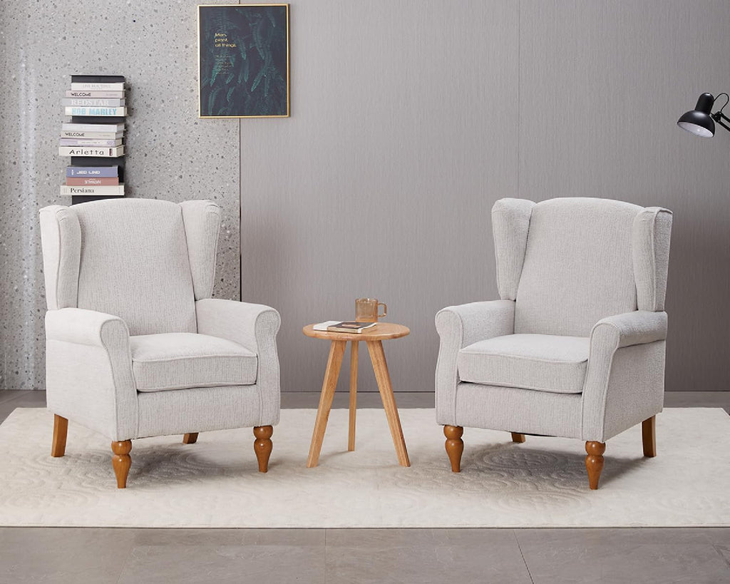 Mid-Century High Wingback Chair Set of 3,Modern Fabric Accent Chair Armchair with Solid Wood Coffee Table,Leisure Single Sofa Chair for Living Room,Club,Home Reception,Beige