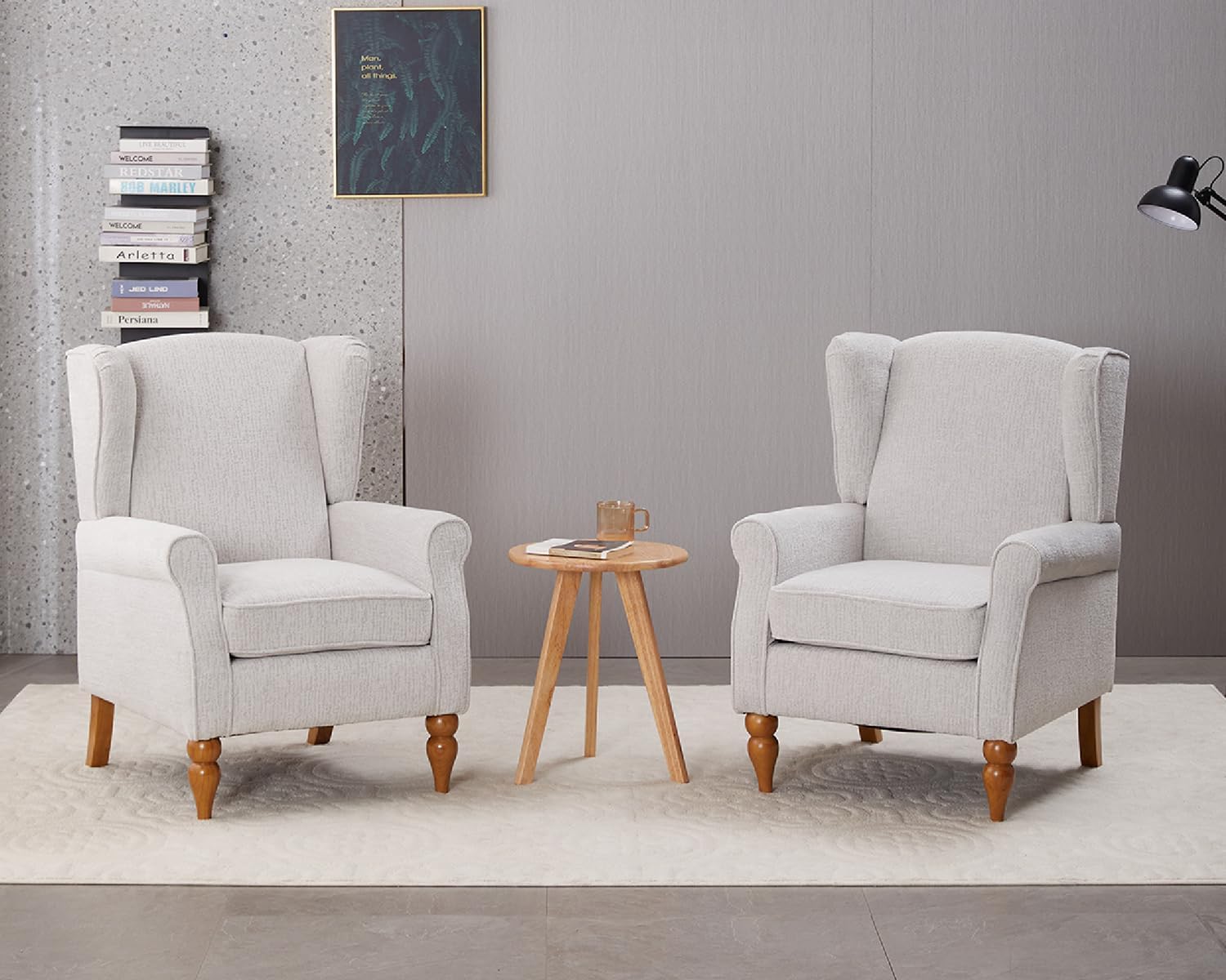 Mid-Century High Wingback Chair Set of 3,Modern Fabric Accent Chair Armchair with Solid Wood Coffee Table,Leisure Single Sofa Chair for Living Room,Club,Home Reception,Beige