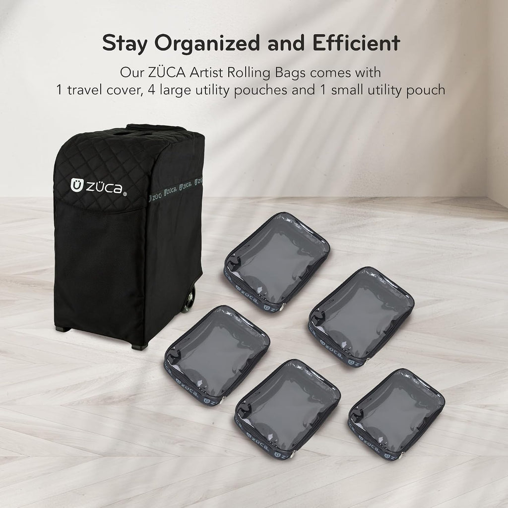 ZUCA Travel Cases for Artists & Professionals - Makeup Case with 4 Vinyl Utility Pouches, Travel Cover, 41' Telescoping Handle, Rolling Wheels & Sturdy Aluminum Frame for Makeup Artists and Creatives