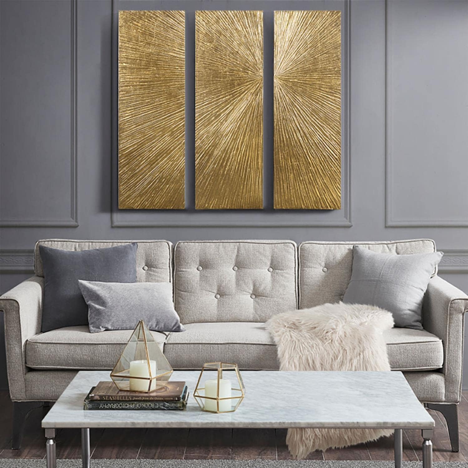MADISON PARK SIGNATURE Sunburst Wall Art - Triptych Modern Resin Dimensional Radiant Color Hand Painted Metallic Finish Home Décor Abstract Textured Gold 15' W x 45' H x 1.25' D 3 Piece