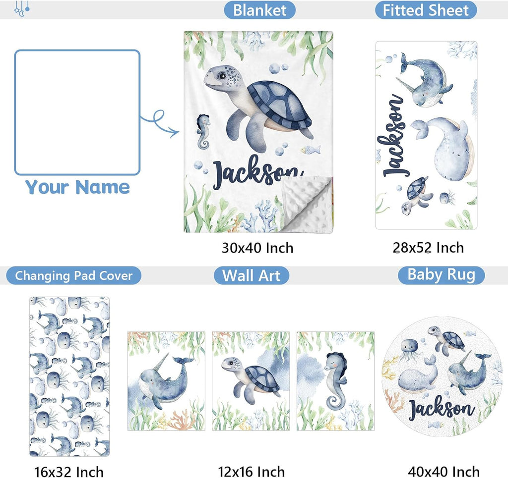 KAINSY Personalized Baby Crib Bedding Set, 5 Pcs Custom Name Bedding Set, Double Layer Nursery Set, Ocean Animal Crib Set for Girls & Boys, Gift for Toddler & Infant