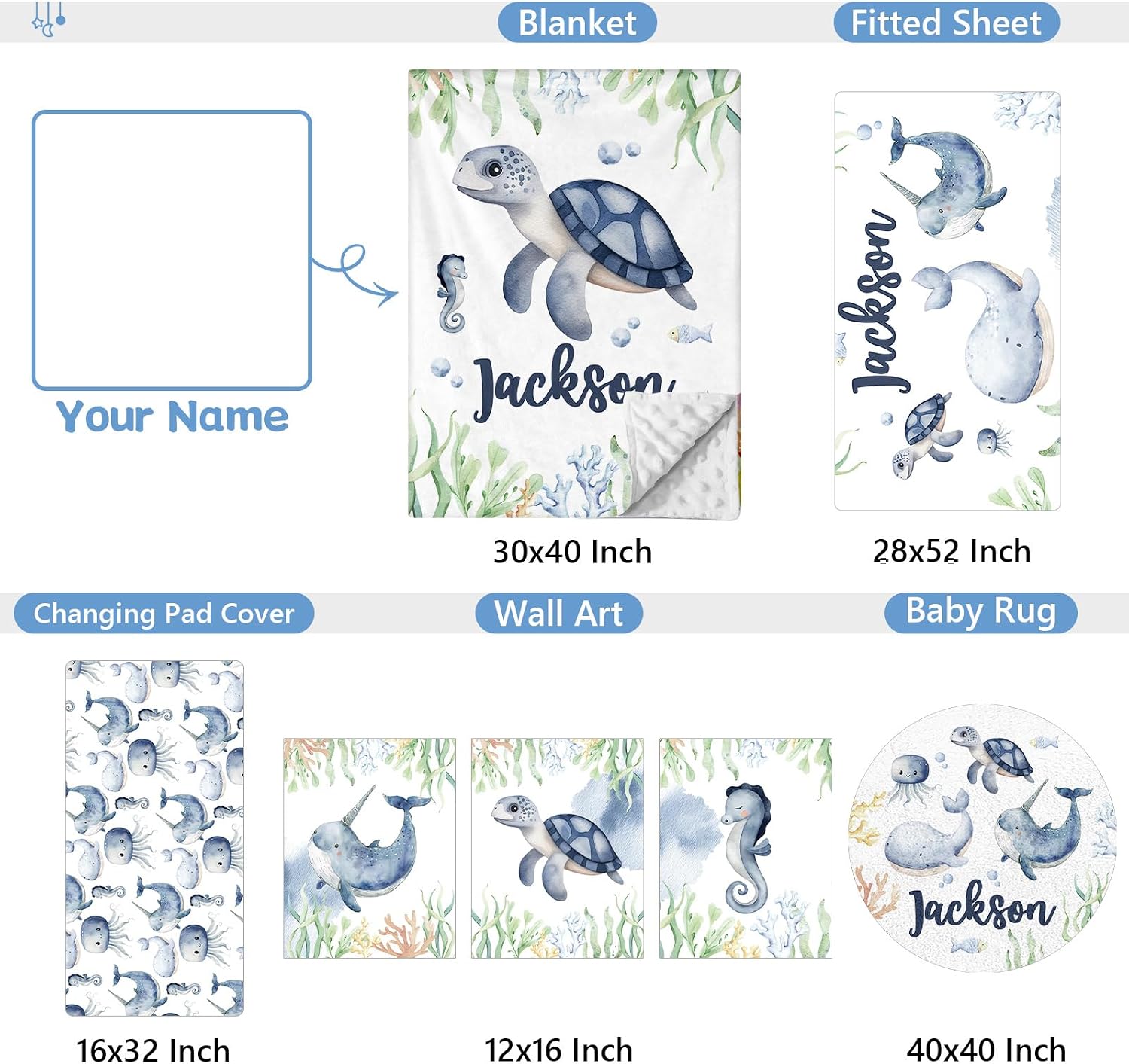 KAINSY Personalized Baby Crib Bedding Set, 5 Pcs Custom Name Bedding Set, Double Layer Nursery Set, Ocean Animal Crib Set for Girls & Boys, Gift for Toddler & Infant