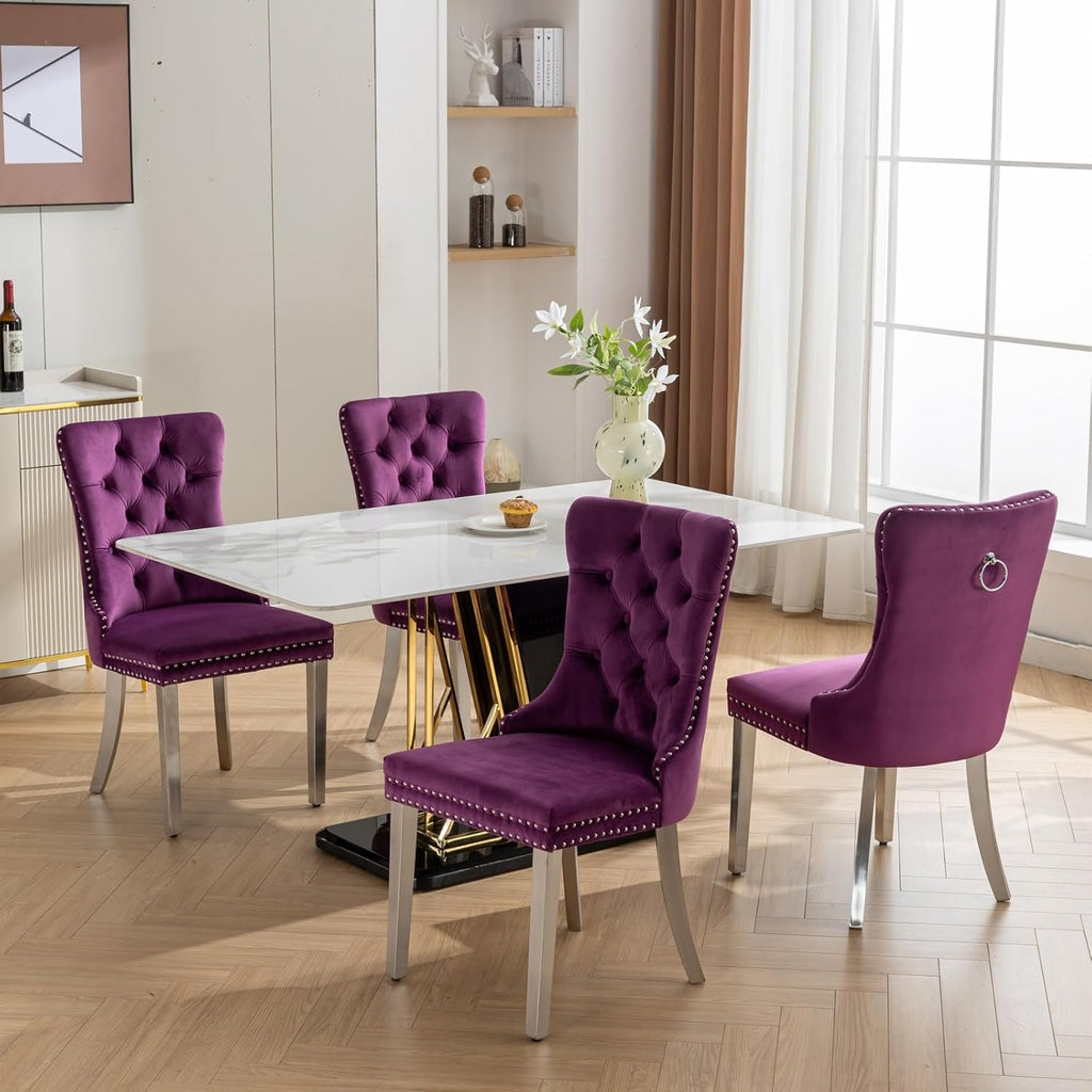 2 Piece Contemporary Velvet Upholstered Dining Chair with Chrome Stainless Steel Plating Legs, Nail Head Decro, Armless Tufted Dining Chair Fabric Dining Room Chair (Purple&Silver, Set of 2)