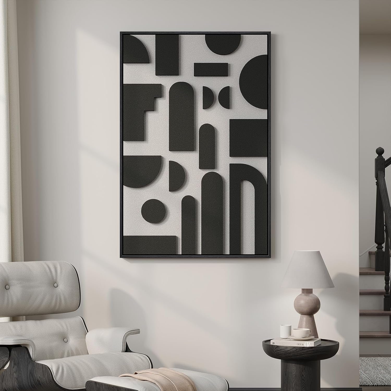Framed 3D Black and White Abstract Wall Art, Modern Geometric Block Artwork for Walls, Minimalist Shape Pictures for Living Room Bedroom Dining Room Hallway Home Office Wall Decor, 24x36 In