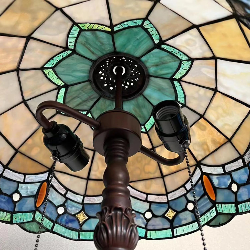 Tiffany Table Lamps 16' Wide Blue Stained Glass Bedside Lamp Victorian Reading 2 Lights Vintage Antique Desk Light Decor for Living Room Bedroom Home Office