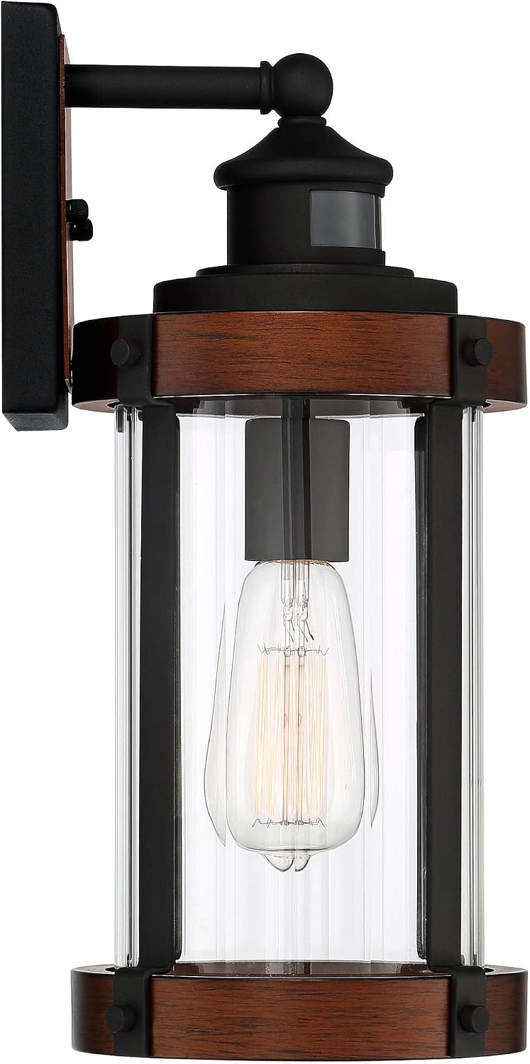 John Timberland Stan Industrial Outdoor Wall Light Fixtures Set of 2 Dark Faux Wood Black Metal Motion Sensor 15 1/2' Clear Glass for Cottage Core Post Exterior Barn Deck House Porch Yard Garage