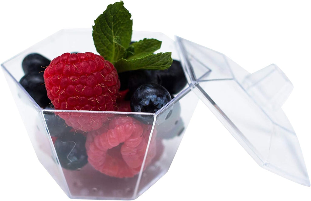 Hexagonal Mini Bowl-Lids & Spoons Included- 3.3 ounce -320 Count -Clear Plastic - Six Sided Bowl - Flower Cup-Mini Dessert Cup- Serving Bowl -Snack Bowl-Disposable or Reusable CASE OF 320