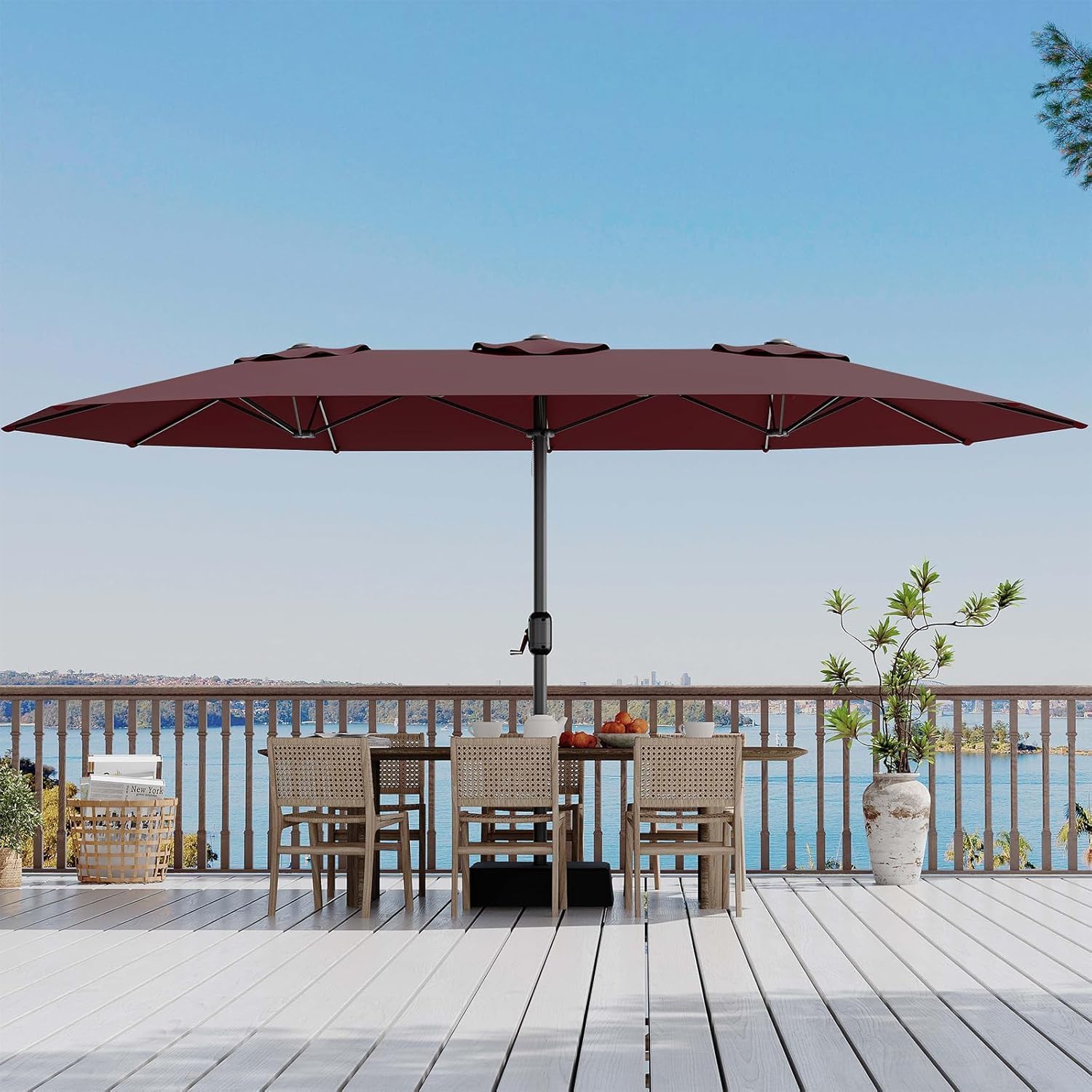 Garvee 15FT Rectangular Outdoor Umbrella Patio Umbrella with Base Included Large Market Umbrellas with Crank Handle UV Protection Table Umbrellas for Outdoor, Backyard, Deck, Poolside, Burgundy